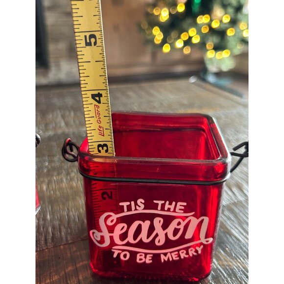 Red Glass Tea Light Holders Noël & Tis The Season Christmas Decor 3" Square - Picture 6 of 8